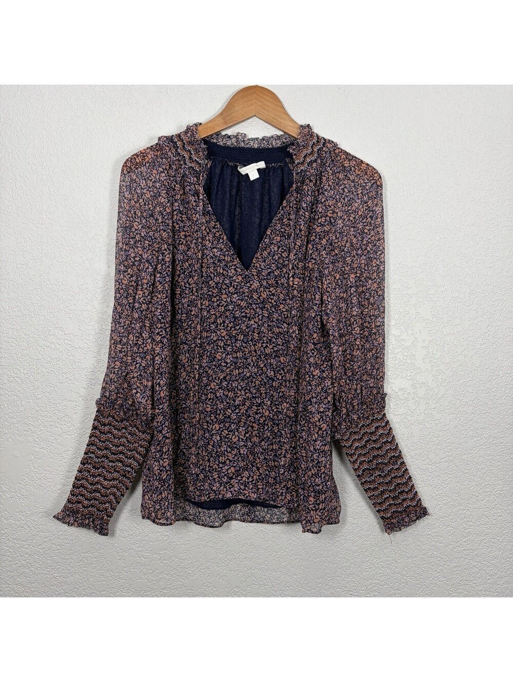 Jonathan Simkhai Women’s S 100% Silk Floral Blouse Feminine Boho Smocked Cuff
